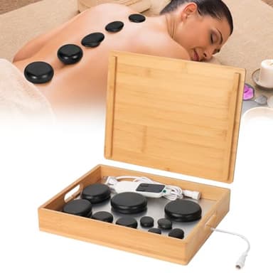 OnVisit Hot Stone Massage Set with Warmer Kit, 10 PCS Rocks Stones with Bamboo Heater Box, Temperature Control and Timing Setting, Massage Stone Heater for Spa & Home Use