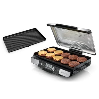 Ninja Sizzle Pro XL 20-Inch Indoor Griddle + Grill, Detachable Ventilated Lid, Grease Control, Ceramic Nonstick Plates, Even Edge Cooking, Extra Large Capacity, Versatile, Silver, GX101