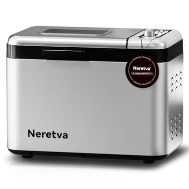 Neretva Bread Maker, 3.3LB Larger Bread Machine 15-in-1 Stainless Steel & Nonstick Ceramic Pan & Auto Nut Dispenser Breadmaker Machines Full Touch Panel with Gluten Free White Wheat Rye French Pizza