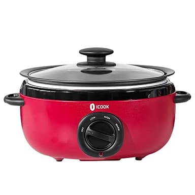ICOOK USC-65-OP001RD 6.5 Quart Slow Cooker,Aluminium Sear/Sauté Stew Pot Stovetop safe,Dishwasher Safe,Glass Lid,Adjustable Temp,Food Warmer(Red)