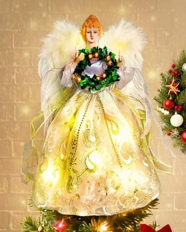Angel Tree Topper with Lights | 12 Inch Christmas Angel Tree Topper with Feather Wings | Battery Powered Christmas Tree Toppers Lighted for Vintage Decor | Xmas Tree Topper Ornament, White