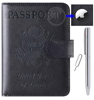 Airtag Passport Holder Cover Wallet Travel Essentials Leather RFID Blocking Case Vacation Luggage Must Haves Travel Accessories for Men Women (117#Black)
