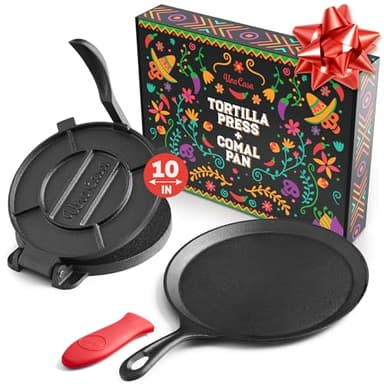 Uno Casa 10 Inch Cast Iron Tortilla Press & Comal Pan Bundle - Non-Stick, Heat-Resistant, Family Size, Gas Stovetop Compatible