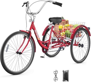 MarKnig 7 Speed Adult Tricycle, 24 Inch 3 Wheel Bikes with Large Basket, Cruiser Bike for Women/Men/Seniors, Adult Trike for Outdoor/Shopping/Recreation/Picnic (Red)