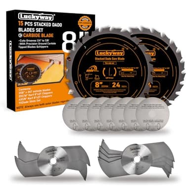 Luckyway Dado Blade Set, 8 Inch Stacked Dado Blades for 10" Table Saw 24 Carbide Tip Tooth with 5/8 Inch Arbor, Cutting Width from 1/4" to 7/8" in 1/16"- 15 Pieces