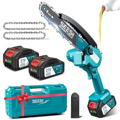 Seesii Mini Chainsaw 8-inch, Mini Chainsaw Cordless Tool Set, Battery Chainsaw with 2x 4.0Ah Batteries, Handheld Electric Power Chain Saw with Oiler, Safety Lock for Tree Trimming,Wood Cutting