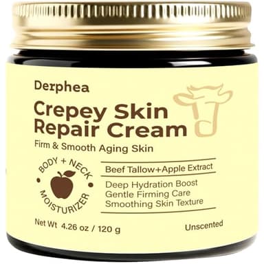 DERPHEA Crepey Skin Repair Treatment: Crepey Skin Repair Cream for Aging Skin with Pure Beef Tallow, Soluble Collagen & Apple Fruit - Advanced Crepe Fix Cream for Neck, Arms, Chest, Body - Unscented