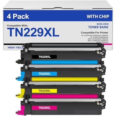 TN229XL TN229 Toner Cartridges 4 Pack MFC-L3780CDW MFC-L3720CDW Compatible for Brother HL-L3280CDW HL-L3220CDW HL-L3300CDW HL-L3295CDW Printer TN 229XL TN-229XL TN229/XL/V BK/C/M/Y High Yield