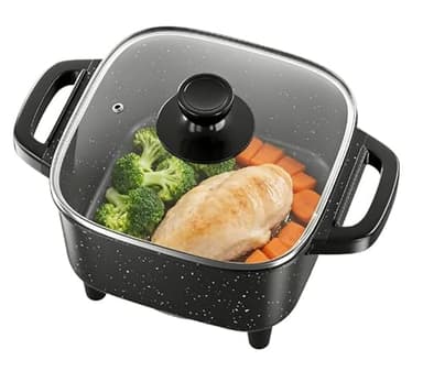 5-in-1 Electric Skillet with Glass Lid, 8" Non-Stick Square Electric Frying Pan with Adjustable Temperature Control, Portable Hot Pot for Dorm, Camping & Home, Easy to Clean