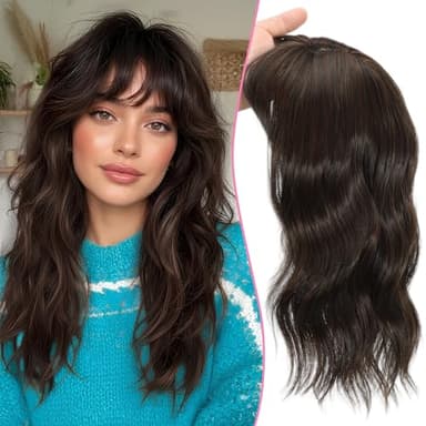 TYQ Hair Toppers for Women with Thinning Hair, 18 Inch 360° 3D Synthetic Toppers Hair Pieces Curly Wavy Wispy Clip in Bangs(Dark Brown Mixed Chestnut)