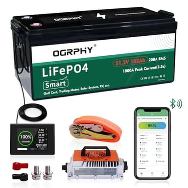 OGRPHY 48V Lithium Golf Cart Battery Conversion Kit, 200A BMS(1000A Peak Current), with Touch Monitor and Retention Strap, 4000+ Cycles 48V Lithium Battery with Charger Perfect for Golf Carts(102AH)