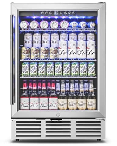 Feelfunn 24 inch Beverage Refrigerator - 180 Cans Under Counter Beverage Fridge with Glass Door & Safety Lock for Beer Wine Soda, Built-in or Freestanding Drink Fridge for Home Office Kitchen or Bar