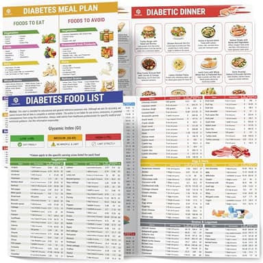 POCAZONE 2Pcs Diabetes Food List and Meal Planner Laminated, Diabetic Food List Chart for Type 1 2 Diabetes, Healthy Diabetic Diet Meal Guide Plan Recipes Cookbook For Beginners Pre-Diabetes, Glycemic Index Chart