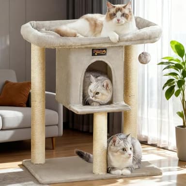 Cat Tree Tower Scratching Post for Indoor Large Cats, Small Cat Tree with Big Perch Bed, 28in Tall Trees House with Condo Cave, Toy Balls, Modern Climbing Furniture Platform for Kitten (Light Gray)