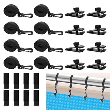 Thrseely 24 Pcs Pool Solar Cover Reel Attachment Kit, Inground Swimming Pool Solar Cover Straps and Clips, Solar Blanket Straps Kit Including 8 Straps with Hooks, 8 Clips and 8 Touch Fastener