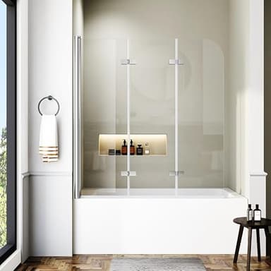 Foskbaths Bathtub Shower Door, 48" W x 55" H Foldable Hinged Bathtub Glass Door Semi-Frameless Bypass 1/4" Tempered Glass Shower Door with Explosion-Proof Film Stainless Steel Chrome
