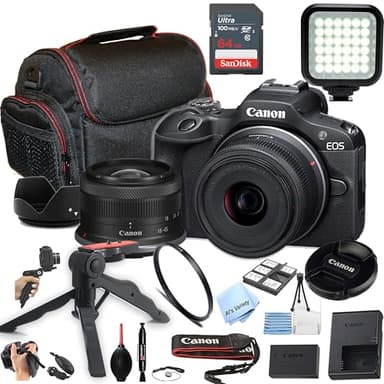 Canon EOS R100 24.2MP APS-C CMOS Sensor Mirrorless Camera with 18-45mm Lens + Case + 64GB Ultra Memory Card + LED Video Light + Filter + More (Essential Bundle) (Renewed), Black
