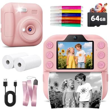 Coxlame Kids Camera Instant Print, Toddler Toys Christmas Birthday Gifts for Girls Boys, Portable Digital Camera 64GB SD Card, Kid Toy for Ages 3-12 Girl Xmas Gift for 3 4 5 6 7 8 9 10 Year Old, Pink