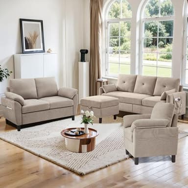 Portaforta Sectional Sofa Set, 77" Convertible Sofa & 45" Loveseat & 23" Chair, Small 3 Seat L Shaped Couch with Storage Ottoman and Side Pockets, Modern Couches for Living Room, Apartment, Beige