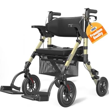 VOCIC Walkers-for-Seniors, Rollator-Walker-with-Seat, Transport-Wheelchair-Lightweight-Foldable, Adult Rolling Walker, Rollator Transport Chair with Brakes, 2 in 1 Walker Wheelchair Combo Z51
