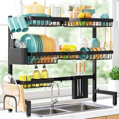 Sakugi Over The Sink Dish Drying Rack - Adjustable 3 Tier XX-Large Capacity Stainless Steel Drainer with Cutlery & Utensil Holders, Kitchen Storage & Organization, 31.5"-39.5"L x 12"W x 30.5"H, Black