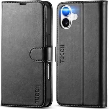 TUCCH Compatible with iPhone 16 Wallet Case, RFID Blocking 4 Card Holder Kickstand [Shockproof TPU Interior Shell], PU Leather Magnetic Closure Protective Flip Phone Cover, Black