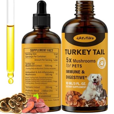 Turkey Tail Mushroom for Dogs - Faster Absorption 2000mg Turkey Tail Mushroom for Immune & Digestive, Joint, Energy, 5X Mushrooms for Pet Drop with Turmeric & Probiotic - Vet Formulated, 90 ML/3FL.oz