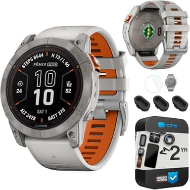 Garmin Fenix 7X Pro Sapphire Solar, Multisport GPS Smartwatch, Built-in Flashlight, Solar Charging, Titanium w/Fog Gray/Ember Orange Band Bundle with 2YR CPS Protection Pack, Dust & Screen Protector