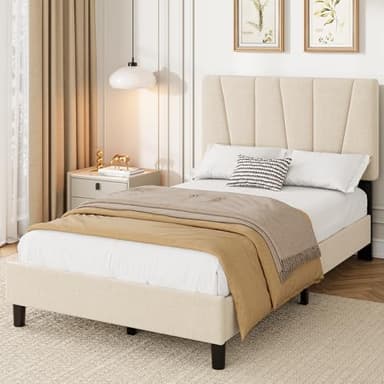 Twin XL Size Platform Bed Frame for Kids, Linen Upholstered Headboard & Wooden Slats Support, Noise-Free Mattress Foundation/No Box Spring Needed/Easy Assembly, Boys Girls Bed,Bedroom Furniture