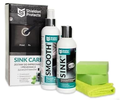 Shieldon Sink Care Kit – Cleaner & Nano Sealer for Granite Composite, Ceramic & Natural Stone Sinks – Restores Shine, Repels Stains, Grease & Hard Water – 2 Sponges & Microfiber Cloth
