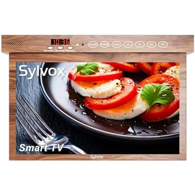 SYLVOX 15.6" Under Cabinet Smart TV – 360° Rotation, 90° Flip-Down Screen, Wireless Connectivity, Space-Saving Design for Kitchen, Bedroom, or RV. (Wood Grain Color)