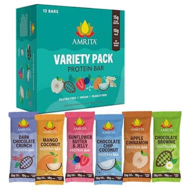 Amrita Nut Free Vegan Protein Bars 6 Flavor Variety Pack ( 12 Count ) | 15g Plant-Based Protein Bar | Peanut-Free, Gluten Free, and Dairy-Free | No Added Sugar, High Fiber, Healthy Snacks for Kids/Adults