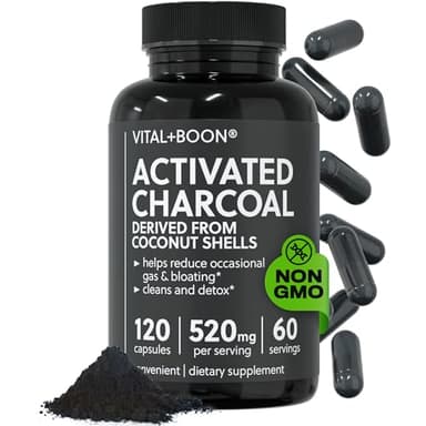 Vital+Boon Activated Charcoal Pills – Derived from Coconut Shells – Black Charcoal Binder for Stomach, Gas & Bloating Relief – Gluten Free Vegetarian Active Carbon to Support Detox (120 Capsules)