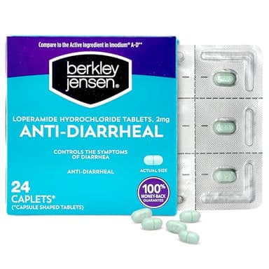 berkley jensen Anti-Diarrheal Medicine - Loperamide Hydrochloride 2 mg Diarrhea Relief Caplets - Control Symptoms of Diarrhea Including Travelers' Diarrhea, Easy-to-Swallow Anti-Diarrhea Pills, 24 Ct