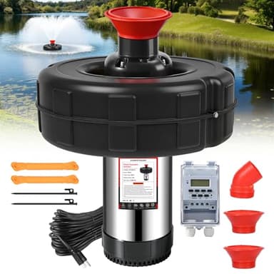 Pond Fountain Aerator, 1HP 110V 750W 15000 GPH Floating Fountain Pump with 100 FT Power Cord, 2 x 100 FT Rope, Timer, Fully Automatic Powerful Aerating Fountain for Larger Ponds, Lakes