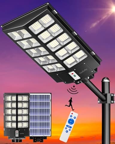 Gefolly SL-5200W Solar Street Lights Outdoor, 520000LM Commercial Parking Lot Light, 6500K Dusk to Dawn IP67 Security Flood Lights Motion Sensor Led Lamp for Basketball Court, Road, Yard