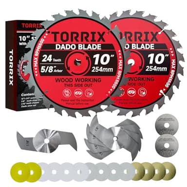 Torrix 10" Dado Blade Set, Dado Blades for 10 Inch Table Saw, 24-Tooth, 5/8" Arbor, Dado Stack for Fine Finished Dados, Grooves, and Rabbets, 23 Pieces