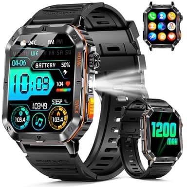 Military Smart Watch for Men, 2.01'' Fitness Tracker with 1200mAh Long Battery Life, Bluetooth Calls, Flashlight, IP68 Waterproof, Heart Rate/Sleep Tracking, 100+ Sports Modes for Android iPhone