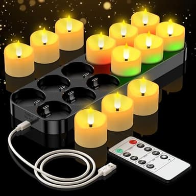 YiaMia Upgraded Rechargeable Tea Lights 12 Pack, Flameless Tea Light Candles with Charging Base and Remote & 24H Timer - Can Last 100+ Hours Battery Candles for Votive, Wedding, Halloween, Christmas