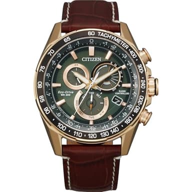 Citizen Men's Eco-Drive Sport Luxury PCAT Chronograph Watch, Brown Leather Strap, Green Dial, Atomic Timekeeping Technology, Chronograph and Perpetual Calendar (Model: CB5919-00X)