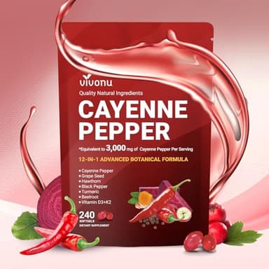 VivoNu Cayenne Pepper Softgels Supplement, Supports Leg Vein, Heart and Blood Vessel Health, with Vitamin E D3+K2 and Extracts of Grape Seed, Hawthorn, Beetroot, Berberine and Other