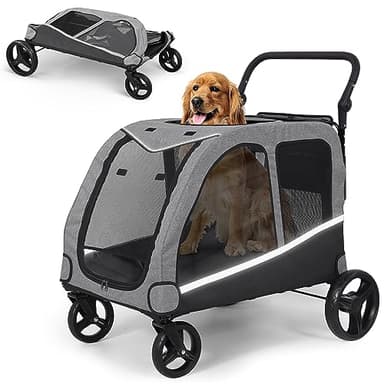 Saudism Dog Stroller for Large & Medium Dogs, Extra Large Pet Stroller, Dog Wagon for 2 Dogs, Foldable Design, Adjustable Handle, with Pocket, Up to 130 lbs