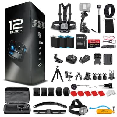 GoPro HERO12 (Hero 12) Black - with 50 Piece Accessory Kit and 2 Extra Batteries + 64GB Card - Waterproof Action Camera - 5.3K HDR, 27MP Photos, 1/1.9" Sensor, Live Streaming, Webcam, Stabilization