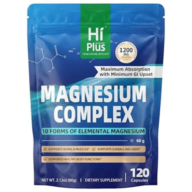 Magnesium Complex Supplement with 10 Forms of Elemental Magnesium, 1200 mg per Serving, Magnesium Glycinate, Citrate, Malate & Taurate, High Absorption Vegan Capsules, Non-GMO