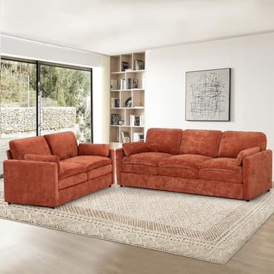 ACMEASE 2 Pieces Chenille Sofa Set w/Arm Pillows, Upholstered Loveseat & 3 Seater Sofa w/Comfortable Back Cushions, Modern 2-Seat & 3-Seat w/High-Density Foam for Living Room, Apartment, Orange