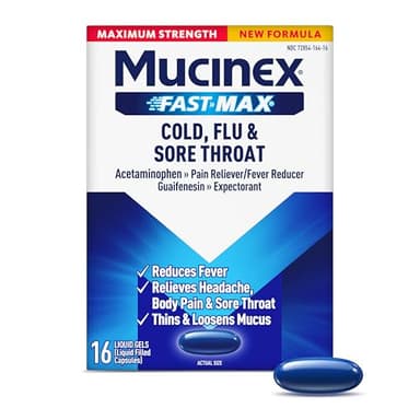 Mucinex Fast-Max Maximum Strength Cold, Flu & Sore Throat Medicine for Adults, Powerful Over-The-Counter Medication for Chest Congestion & Cold and Flu Symptoms, Fast Dissolving Liquid Gels, 16 Count