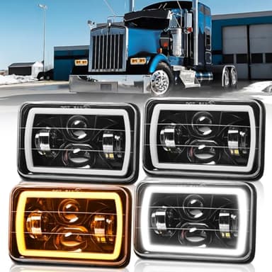 BAOLICY 4x6 In LED Headlights DOT Approved High Low Beam 4PCS with White/Amber DRL Halo Turn Signal Rectangle LED Headlight with H4651 H4652 H4656 H4666 H6545 H4668 H4642 for Truck Kenworth Peterbilt