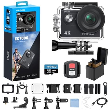 AKASO EK7000 4K30FPS 20MP WiFi Action Camera with 64GB MicroSD Memory Card Bundle EIS Ultra HD 131FT Waterproof Underwater Camera Remote Control 4X Zoom Support External Microphone Black