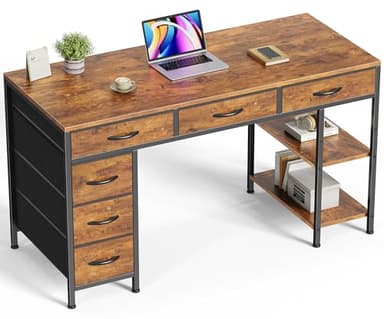 Huuger Computer Desk with 6 Drawers, Office Desk with Shelves, Reversible Gaming Desk, Corner Desk with Storage, Work for Home Office, Study, Living Room, 47inch, Rustic Brown