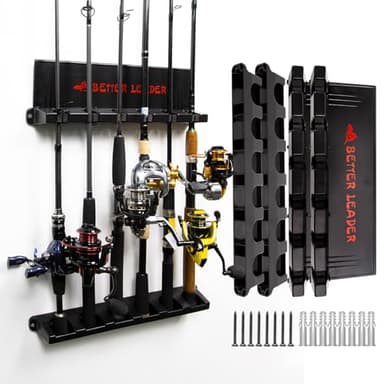 2 Pack Vertical Fishing Rod Holder for Garage, BETTER LEADER Fishing Pole Holders- Holds Up to 12 Rods or Combos, Wall Mount Fishing Pole Rack, Fits Most Rods of Diameter 3-19mm, Fishing Gifts for Men